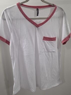 White Short Sleeve V-Neck Tee with RedTrim